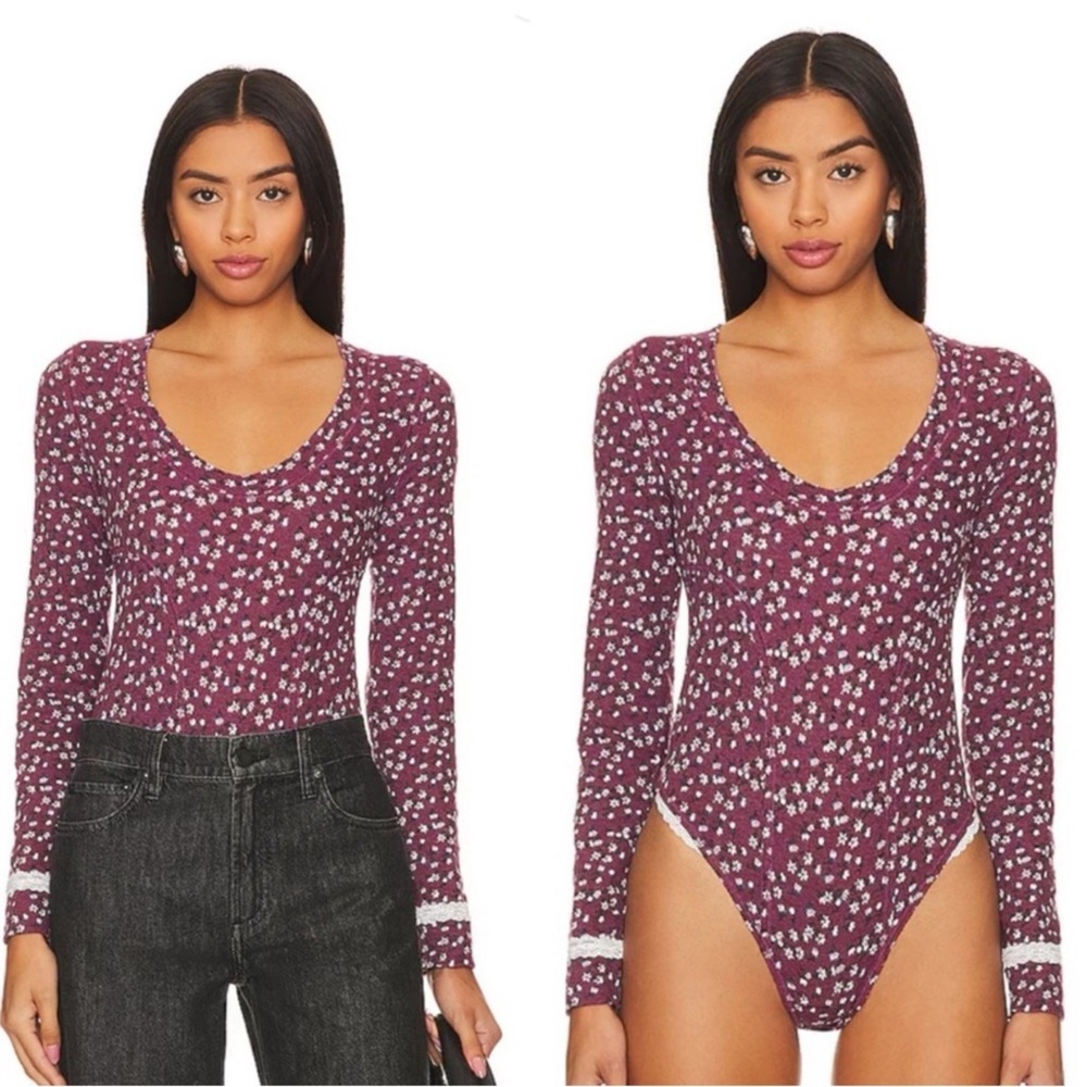 82 - NWOT- Free People, Sugar Dreams Floral Thermal Knit Bodysuit